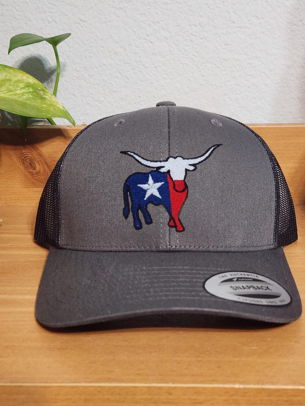 Texas Longhorn Hat – Embroidered Bull Head with Texas Flag Fill – Western Snapback – Texas Pride Gift – Yupoong Classics Retro Trucker Hat