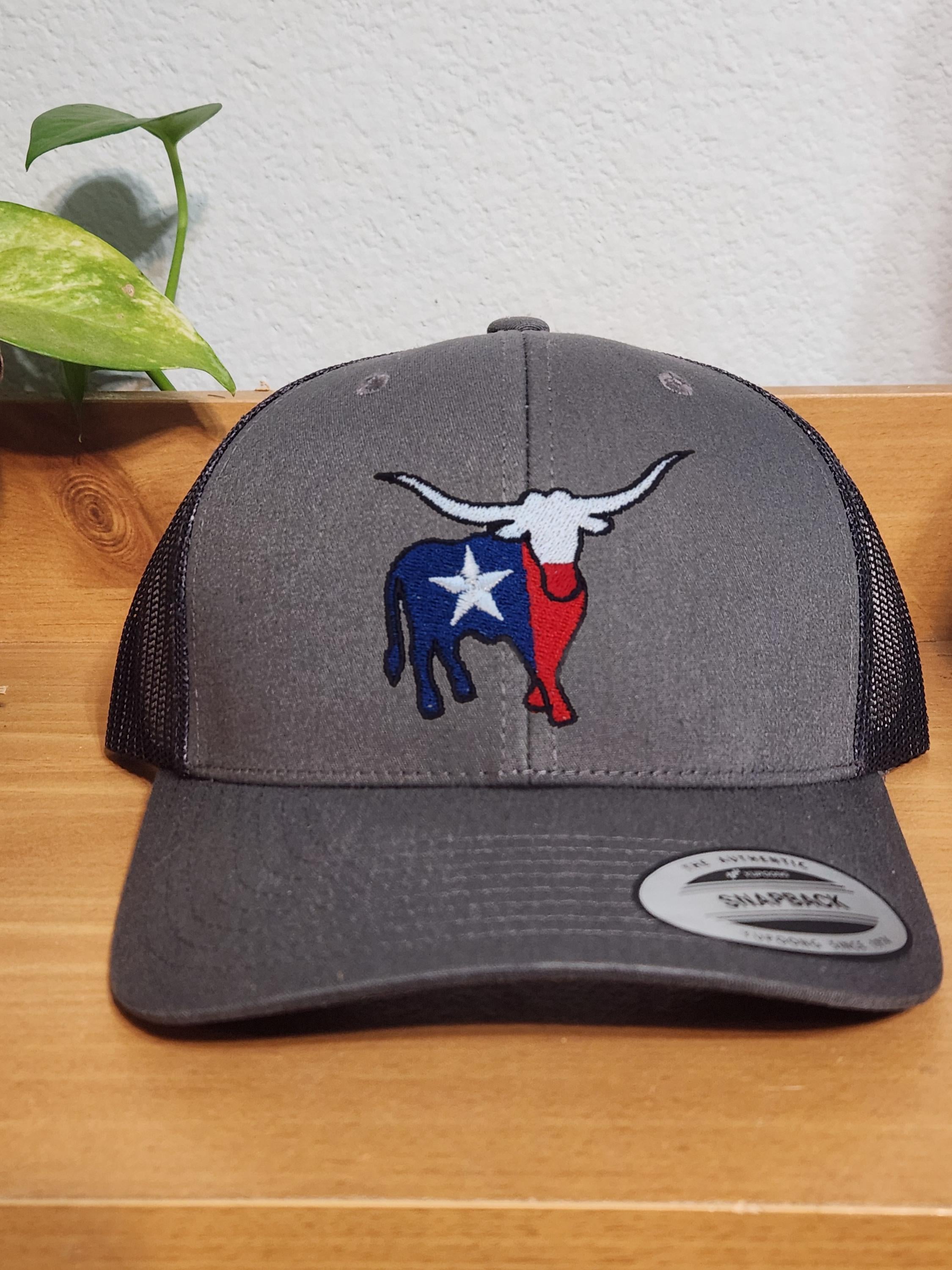 Texas Longhorn Hat – Embroidered Bull Head with Texas Flag Fill – Western Snapback – Texas Pride Gift – Yupoong Classics Retro Trucker Hat