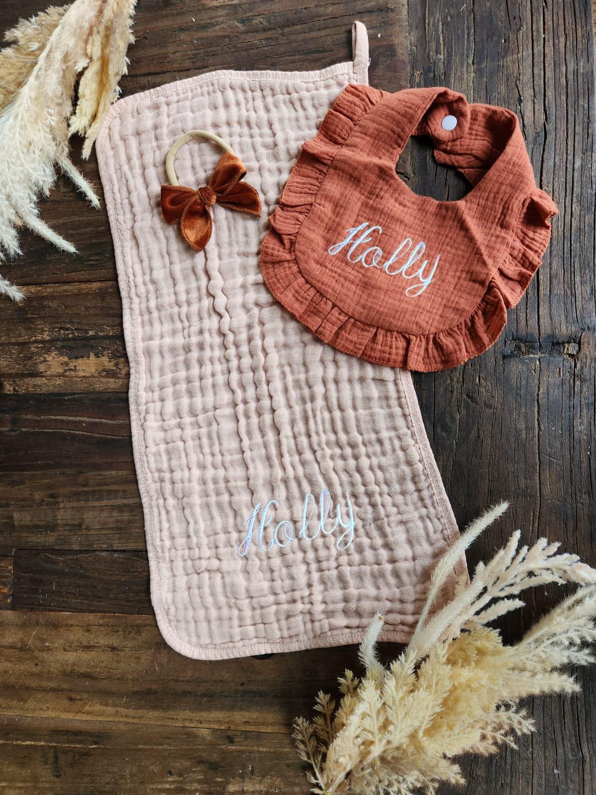 Personalized Muslin Embroidered Bib, & Burp Cloth + Velvet Bow | Custom Name or Initials