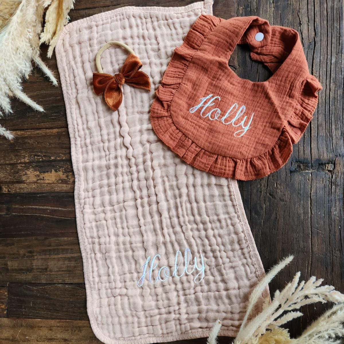 Personalized Muslin Embroidered Bib, & Burp Cloth + Velvet Bow | Custom Name or Initials