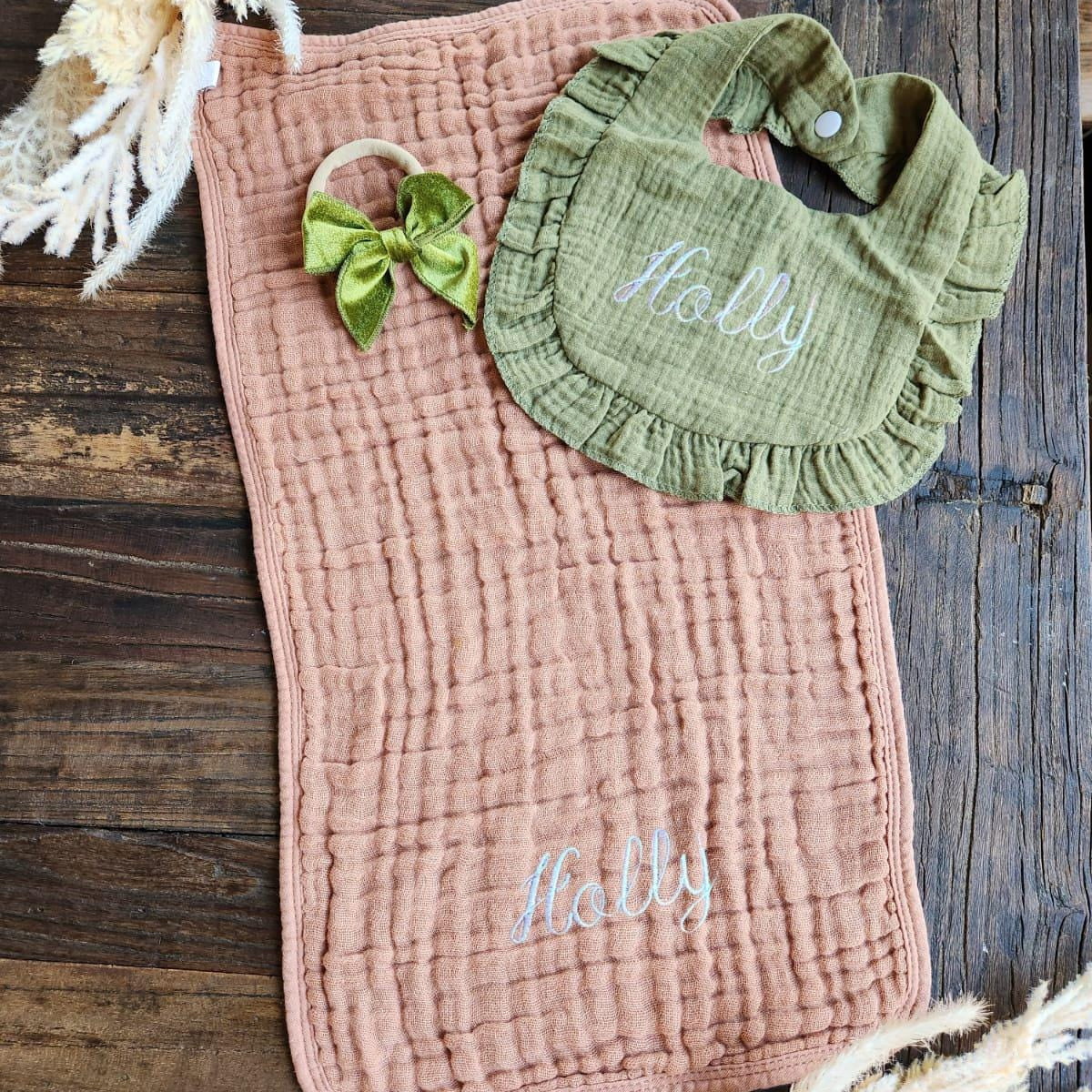 Personalized Muslin Embroidered Bib, & Burp Cloth + Velvet Bow | Custom Name or Initials