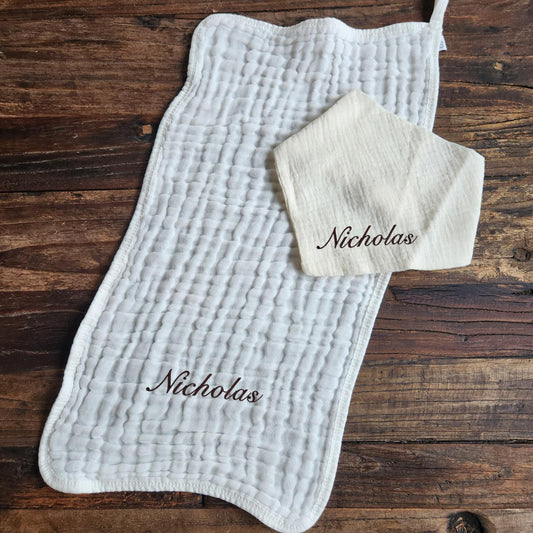 Baby Boy Muslin Bandana Bib, & Burp Cloth | Custom Name or Initials Embroidered