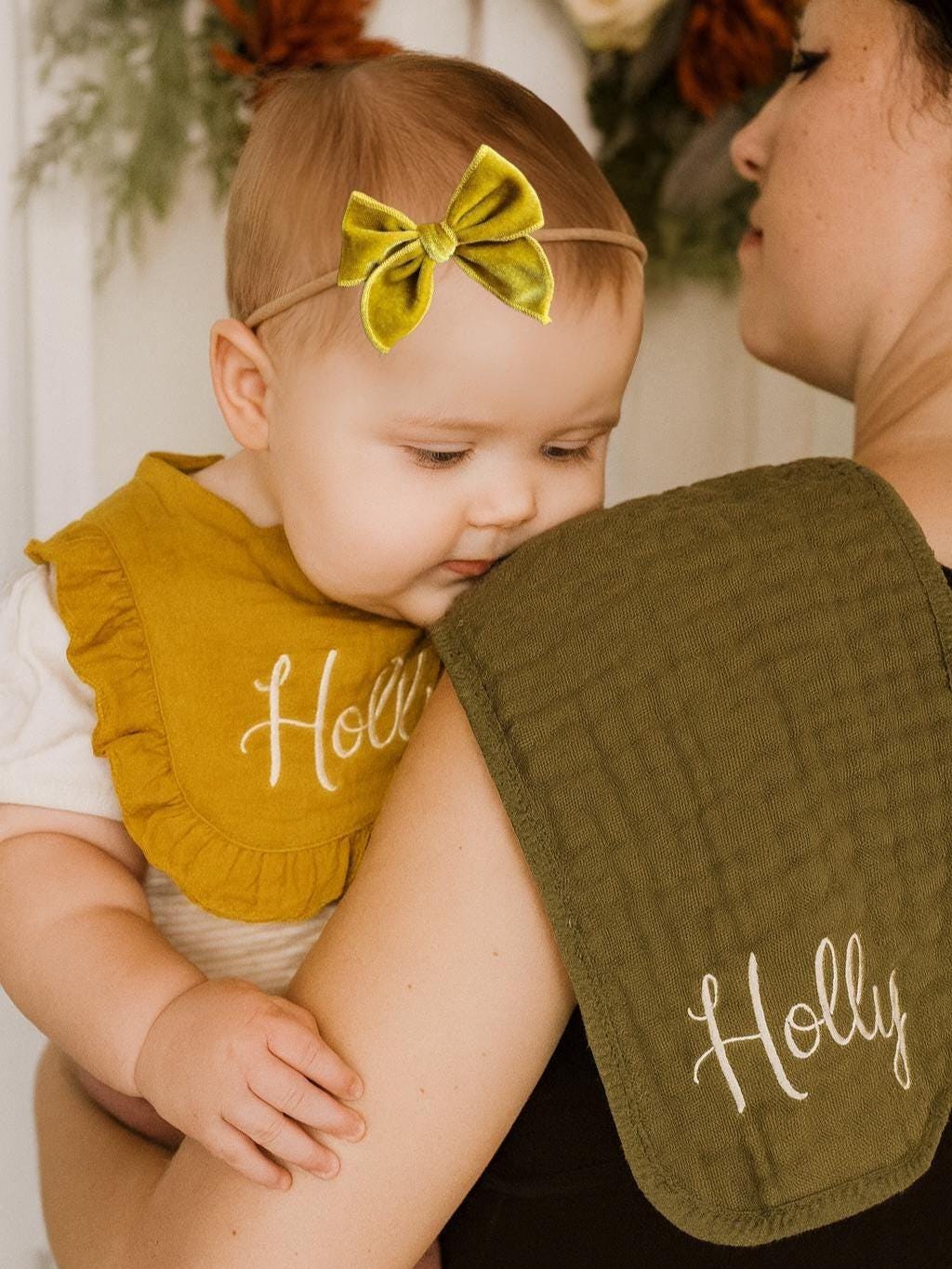 Personalized Muslin Embroidered Bib, & Burp Cloth + Velvet Bow | Custom Name or Initials