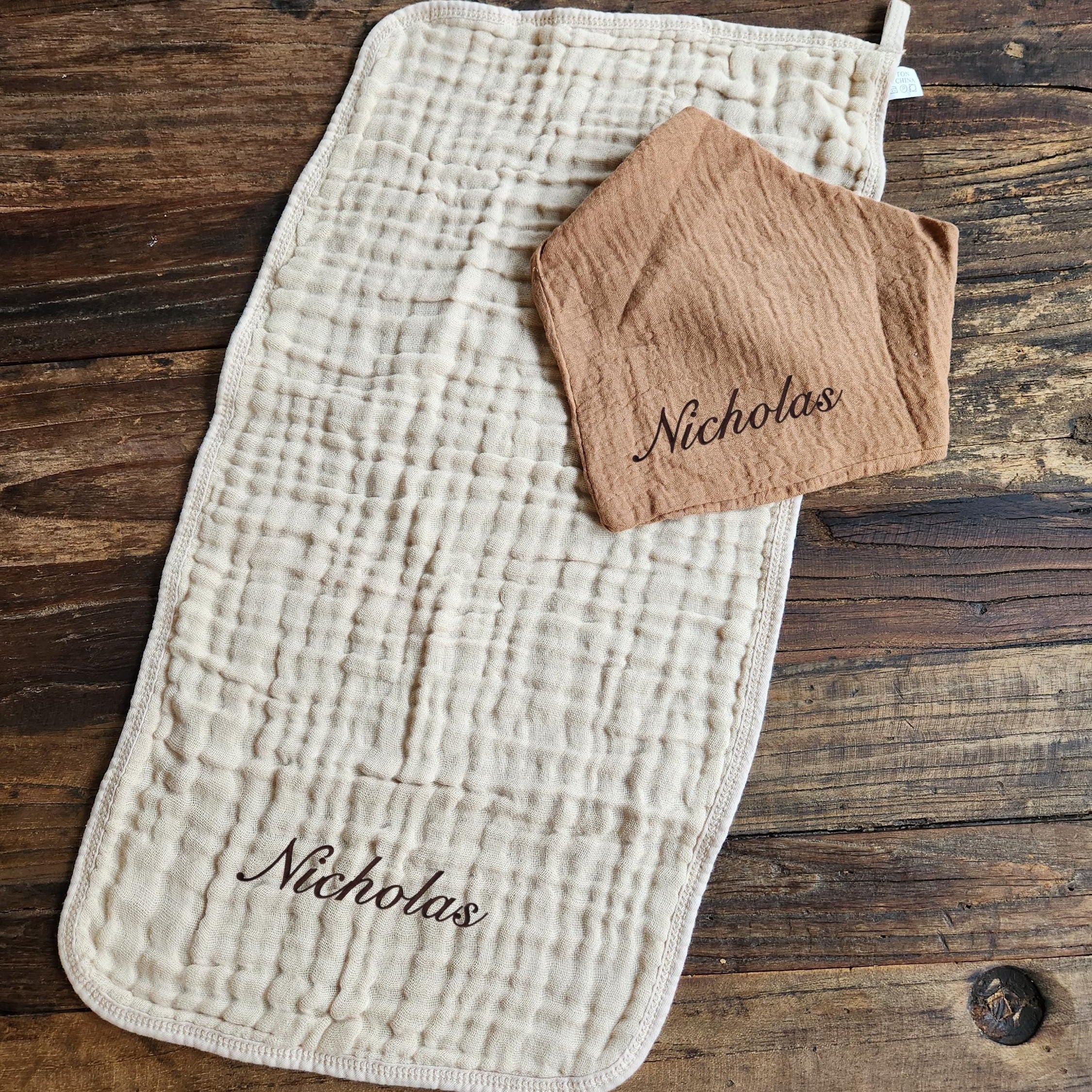 Personalized Muslin Embroidered Bandana Bib, & Burp Cloth | Custom Name or Initials