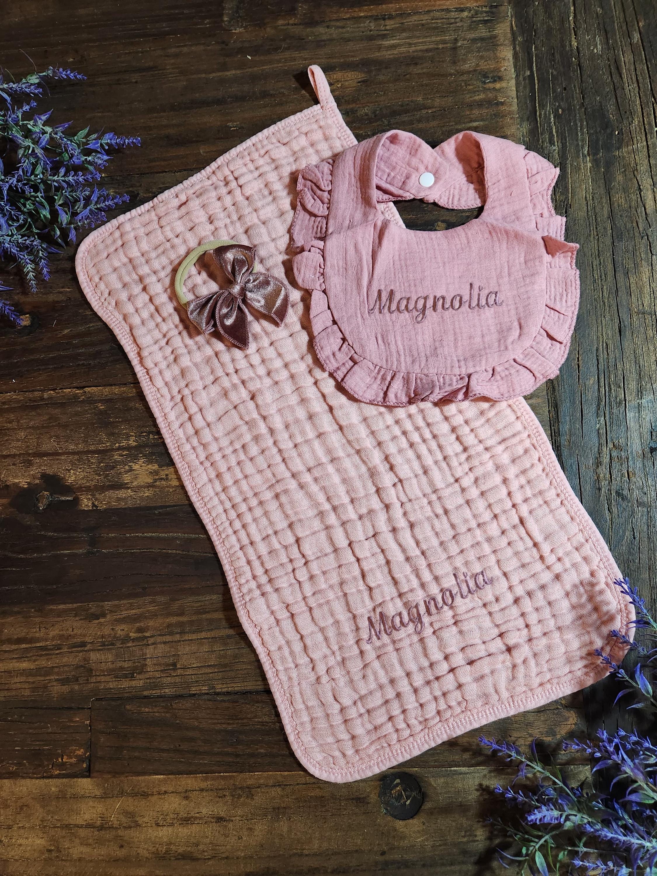 Personalized Muslin Embroidered Bib, & Burp Cloth + Velvet Bow | Custom Name or Initials