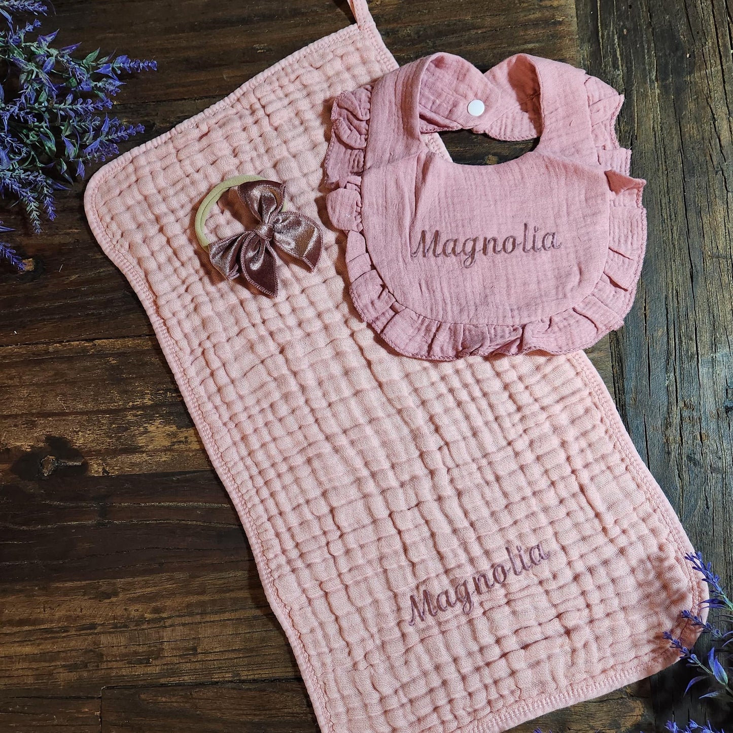 Baby Girl Muslin Bib, & Burp Cloth + Velvet Bow | Custom Name or Initials Embroidered