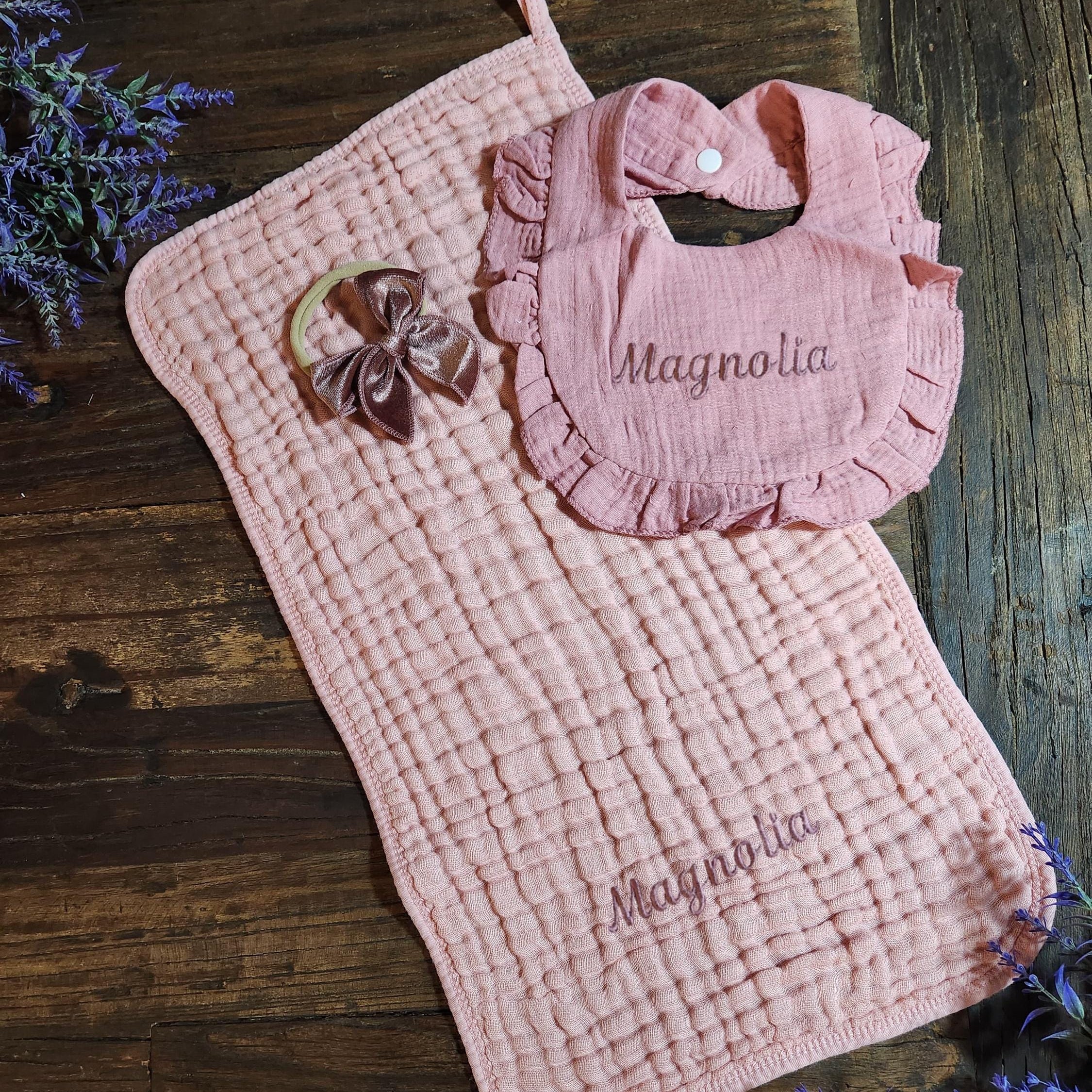 Personalized Muslin Embroidered Bib, & Burp Cloth + Velvet Bow | Custom Name or Initials