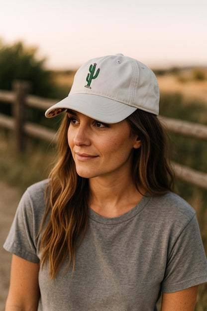 Embroidered Cactus Hat with Pink Flower-Concealed Ponytail-Under Visor Print