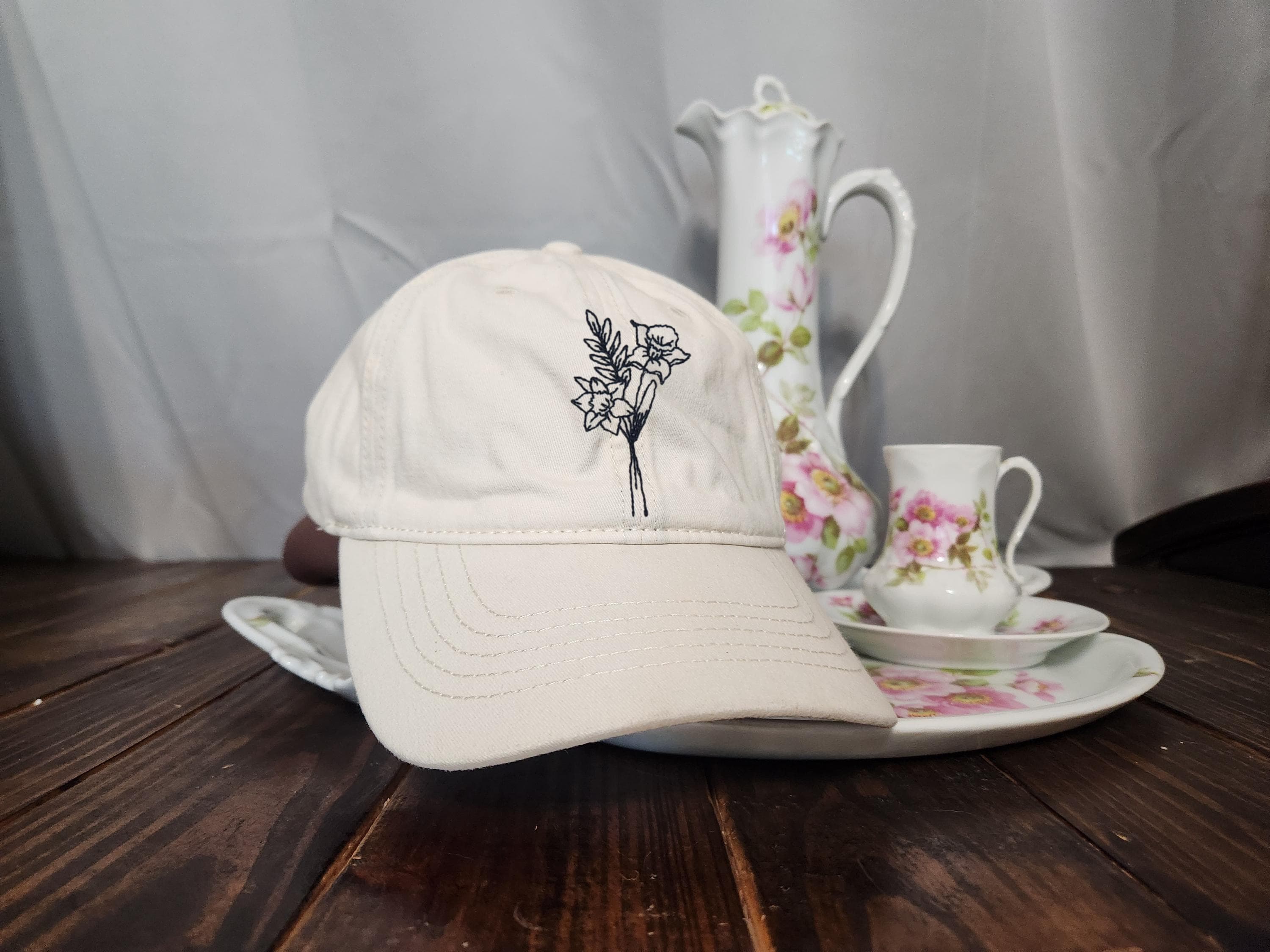 Embroidered Birth Month Flower Hat – Custom Floral Vintage Cap – Birthday Gift for Her – Nature Lover Soft Baseball Hat - Concealed Ponytail