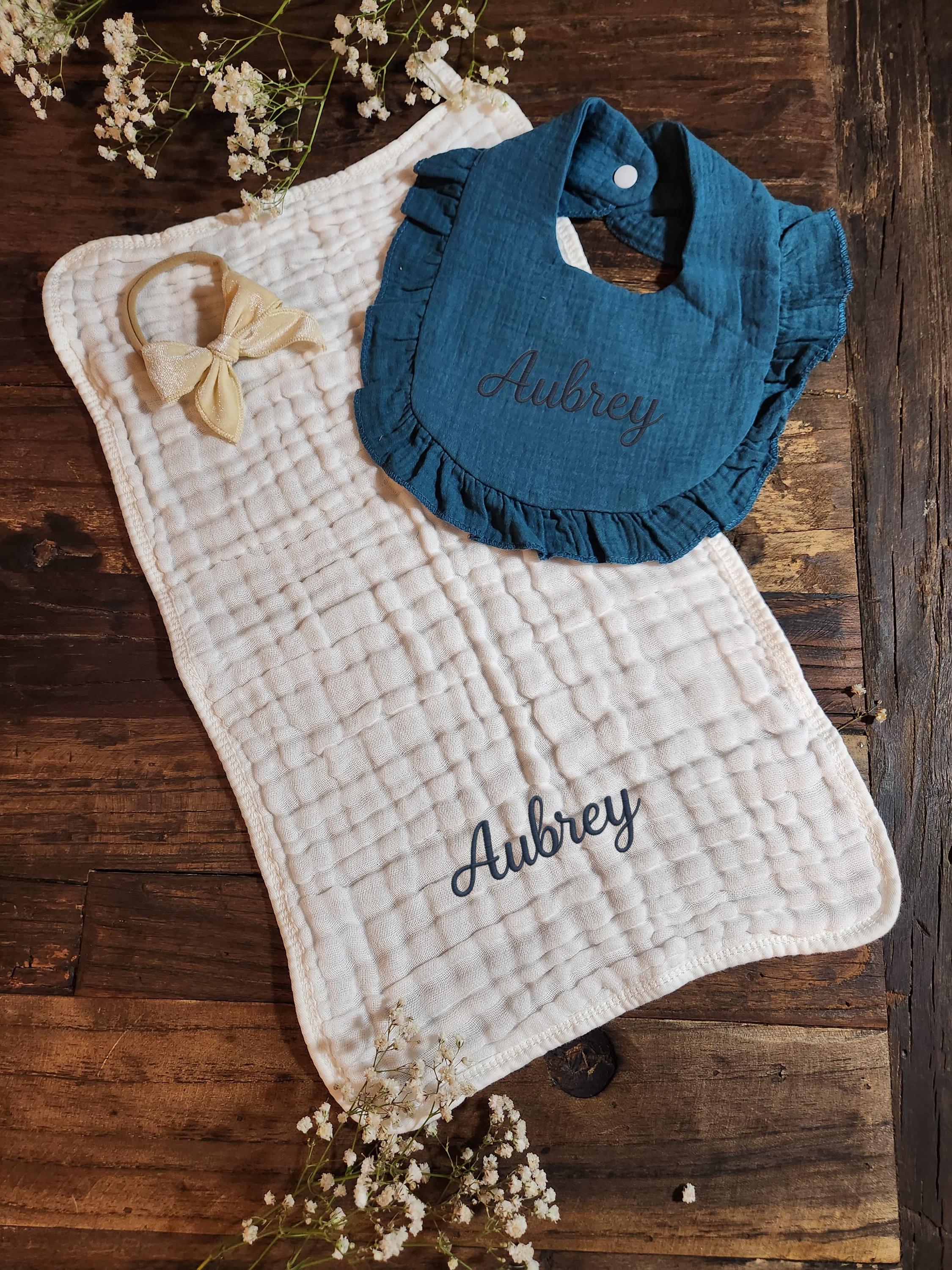 Personalized Muslin Embroidered Bib, & Burp Cloth + Velvet Bow | Custom Name or Initials
