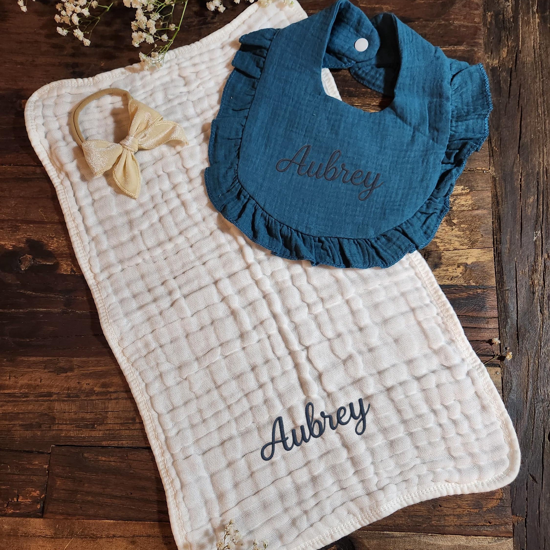 Personalized Muslin Embroidered Bib, & Burp Cloth + Velvet Bow | Custom Name or Initials