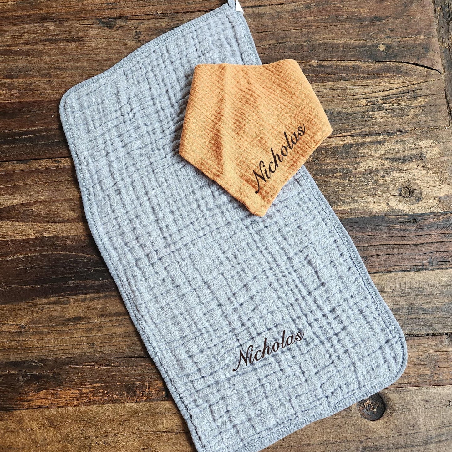 Baby Boy Muslin Bandana Bib, & Burp Cloth | Custom Name or Initials Embroidered