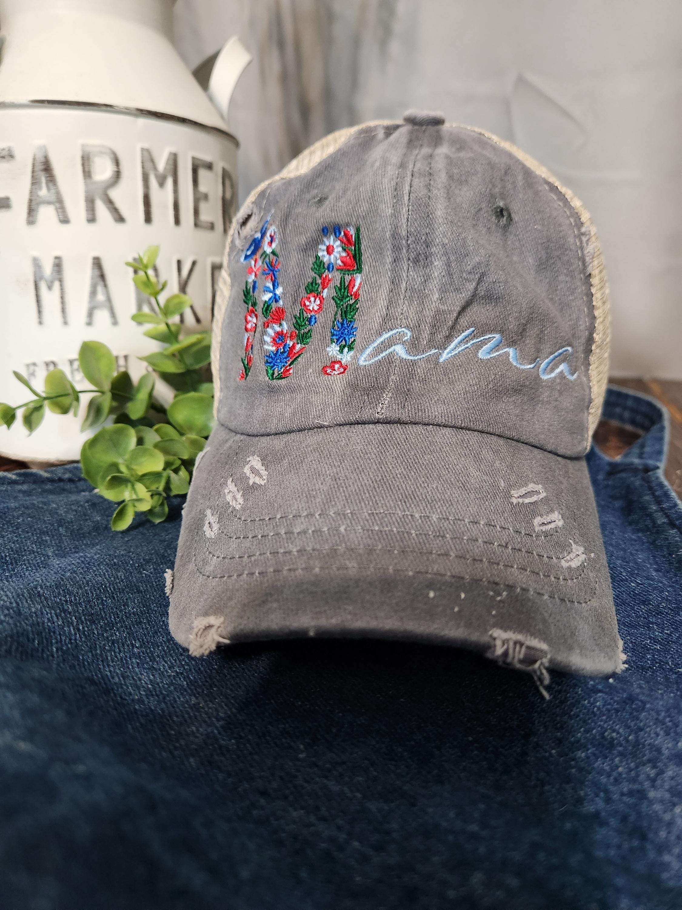 Personalized Floral Mama Hat- Embroidered Mom Hat - Women's Ponytail Hat - Cute Mom Life Hat - Gift for Her- Vintage Distressed Hat