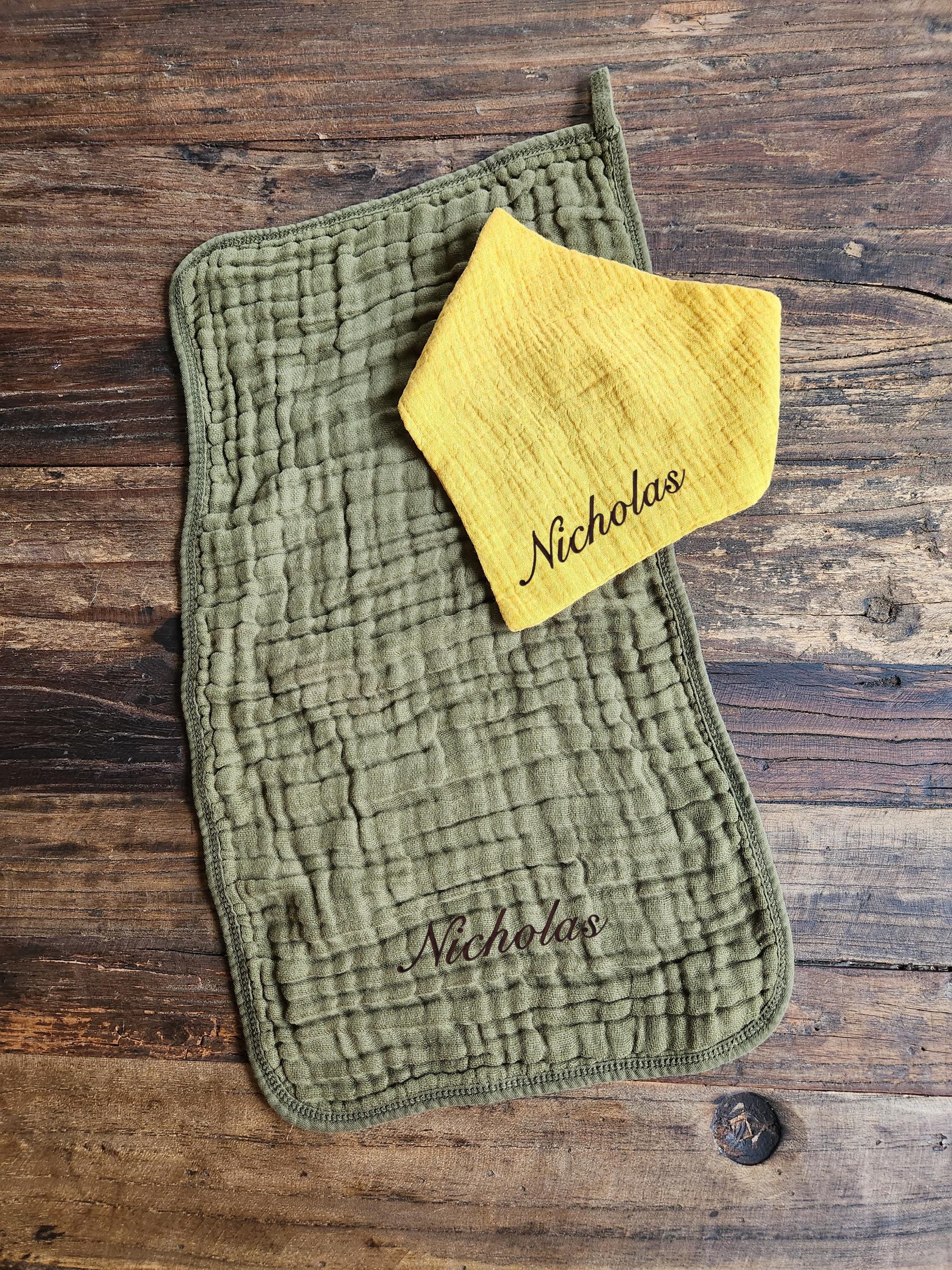 Personalized Muslin Embroidered Bandana Bib, & Burp Cloth | Custom Name or Initials