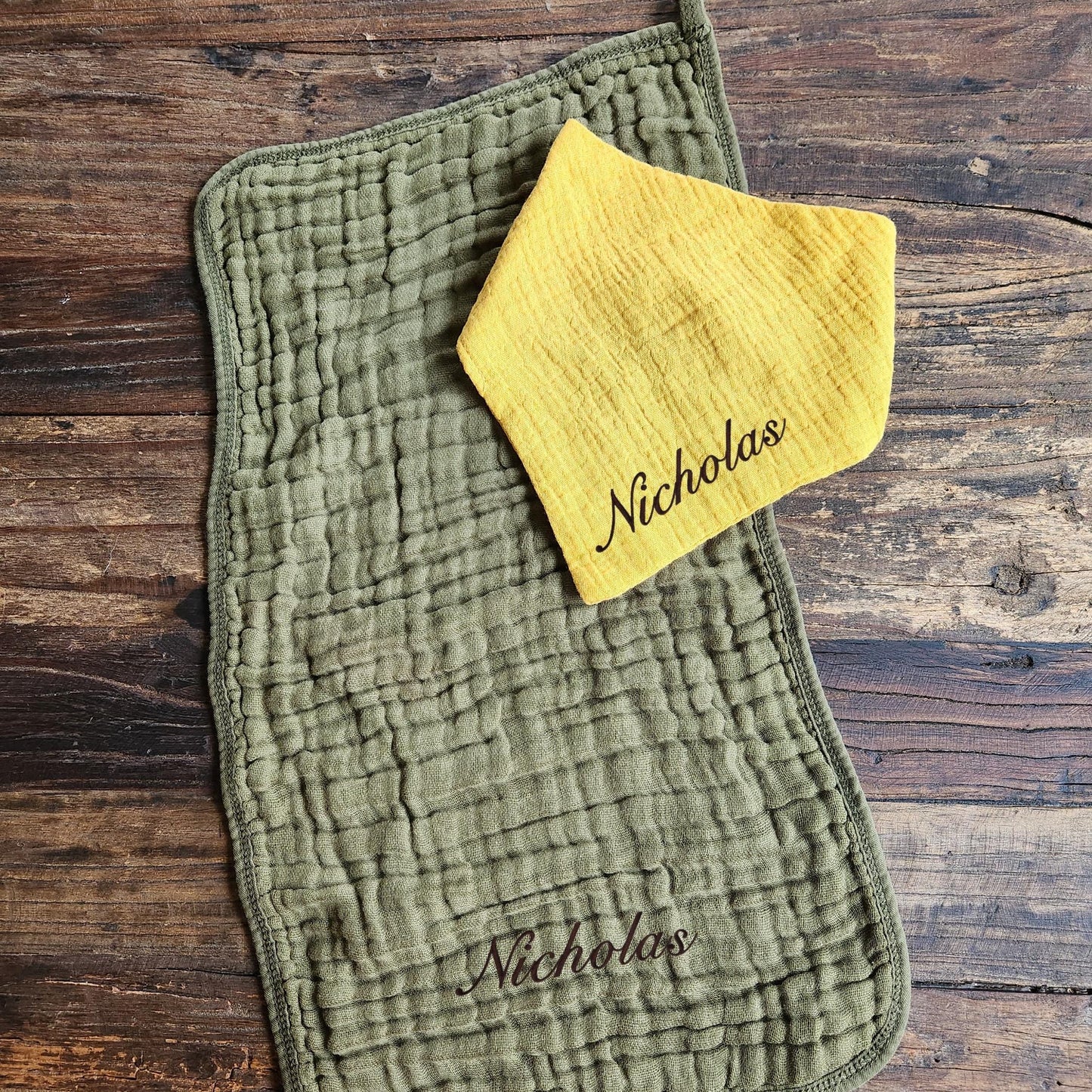 Baby Boy Muslin Bandana Bib, & Burp Cloth | Custom Name or Initials Embroidered
