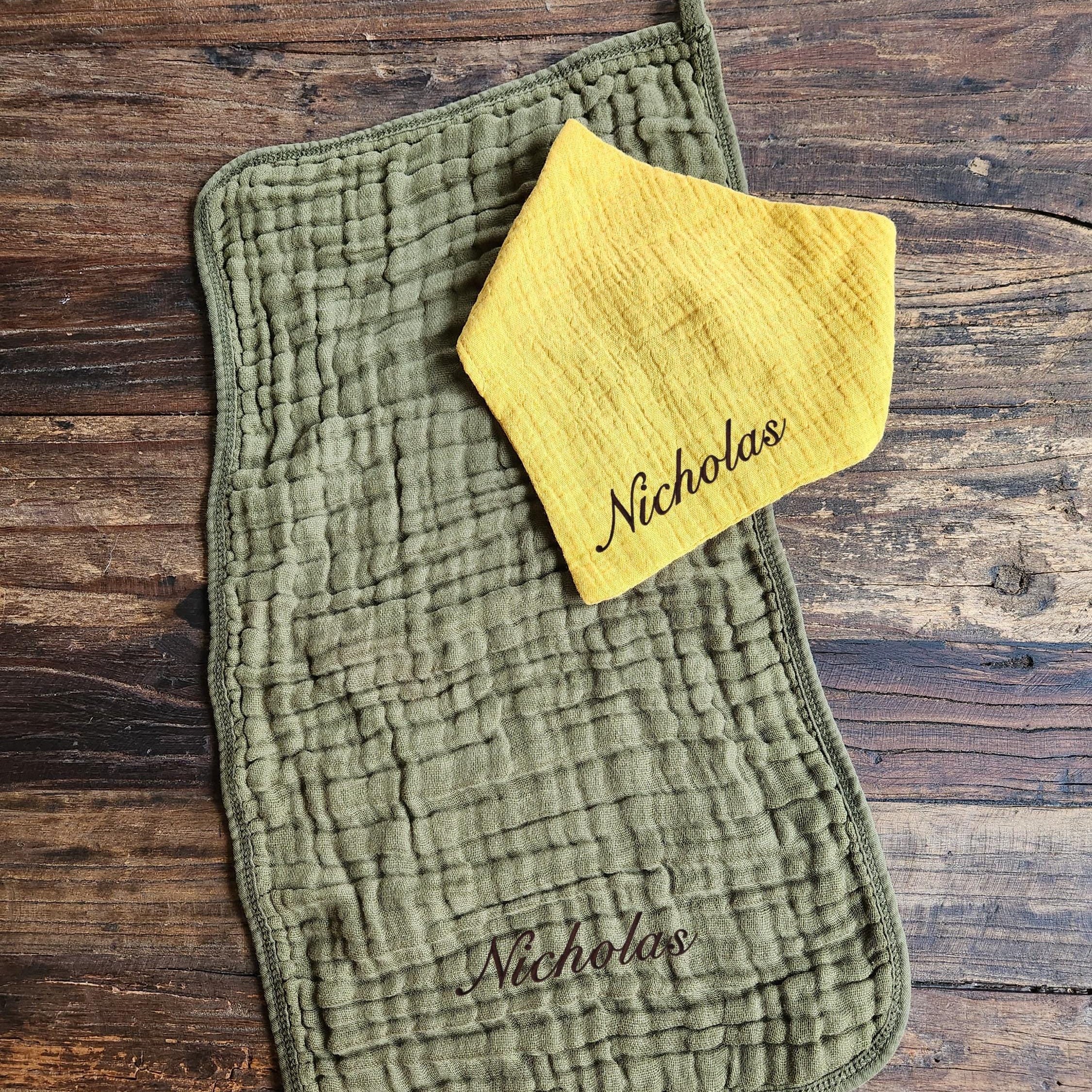 Personalized Muslin Embroidered Bandana Bib, & Burp Cloth | Custom Name or Initials