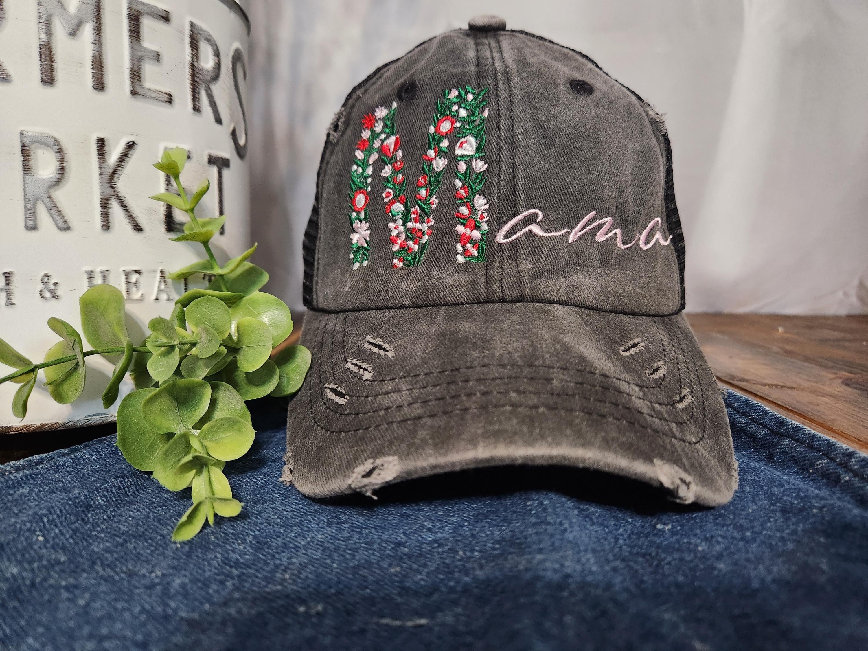 Personalized Floral Mama Hat- Embroidered Mom Hat - Women's Ponytail Hat - Cute Mom Life Hat - Gift for Her- Vintage Distressed Hat