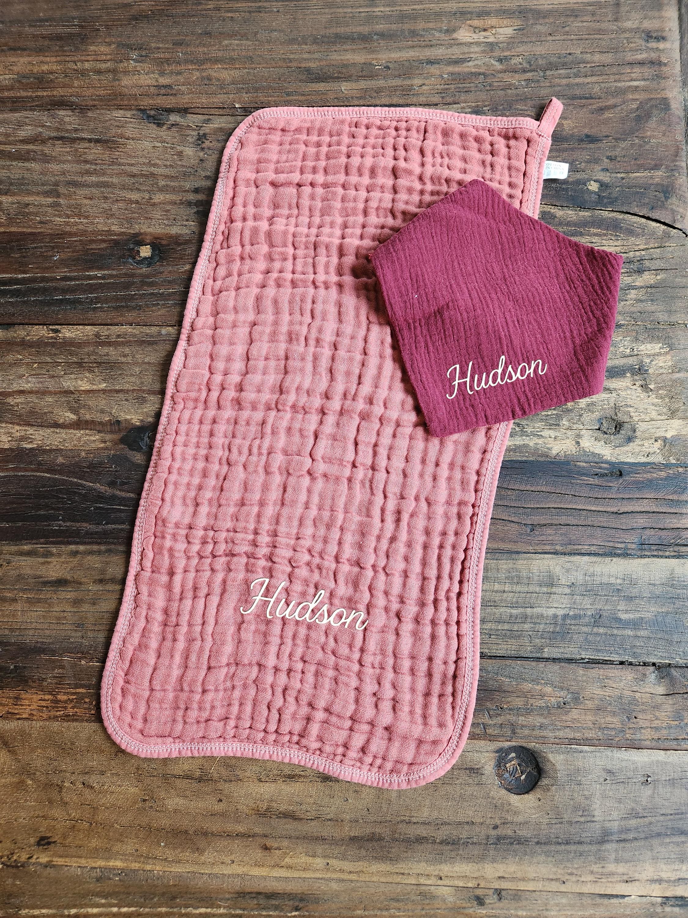 Personalized Muslin Embroidered Bandana Bib, & Burp Cloth | Custom Name or Initials