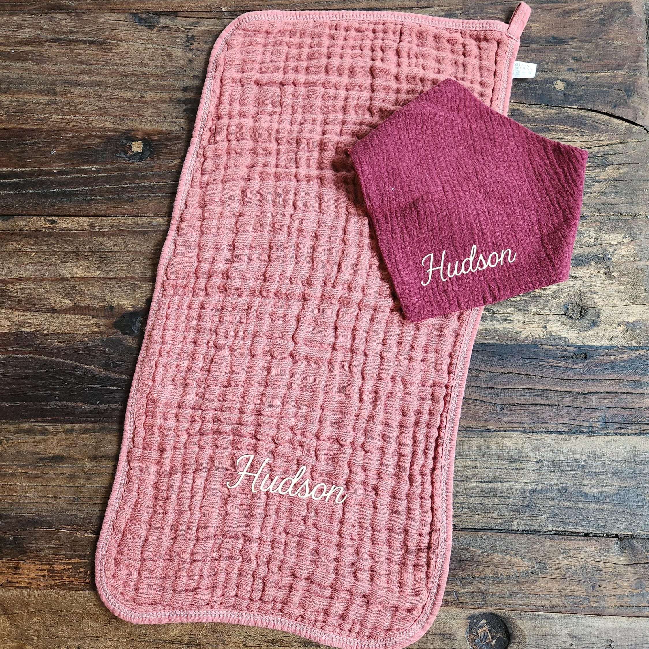 Personalized Muslin Embroidered Bandana Bib, & Burp Cloth | Custom Name or Initials