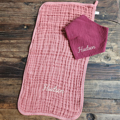 Baby Boy Muslin Bandana Bib, & Burp Cloth | Custom Name or Initials Embroidered