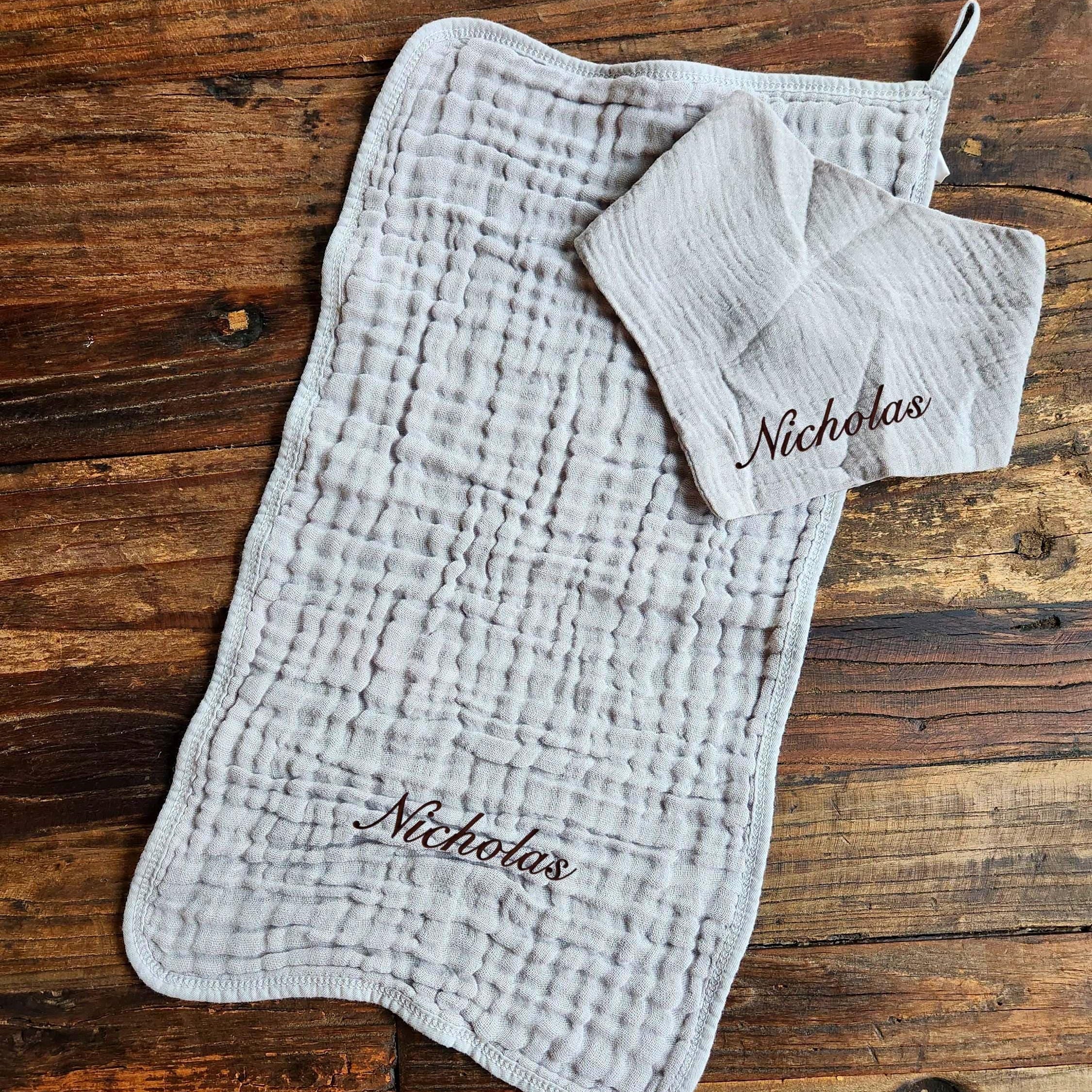 Personalized Muslin Embroidered Bandana Bib, & Burp Cloth | Custom Name or Initials