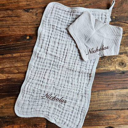 Baby Boy Muslin Bandana Bib, & Burp Cloth | Custom Name or Initials Embroidered