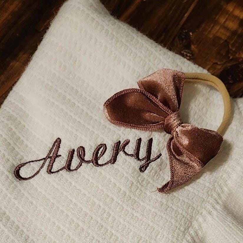 Personalized Muslin Embroidered Bib, & Burp Cloth + Velvet Bow | Custom Name or Initials