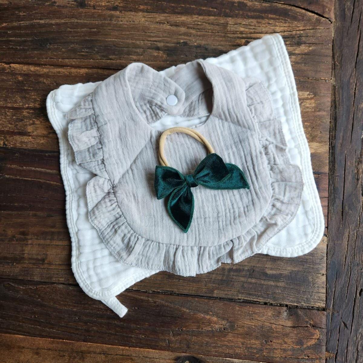 Personalized Muslin Embroidered Bib, & Burp Cloth + Velvet Bow | Custom Name or Initials