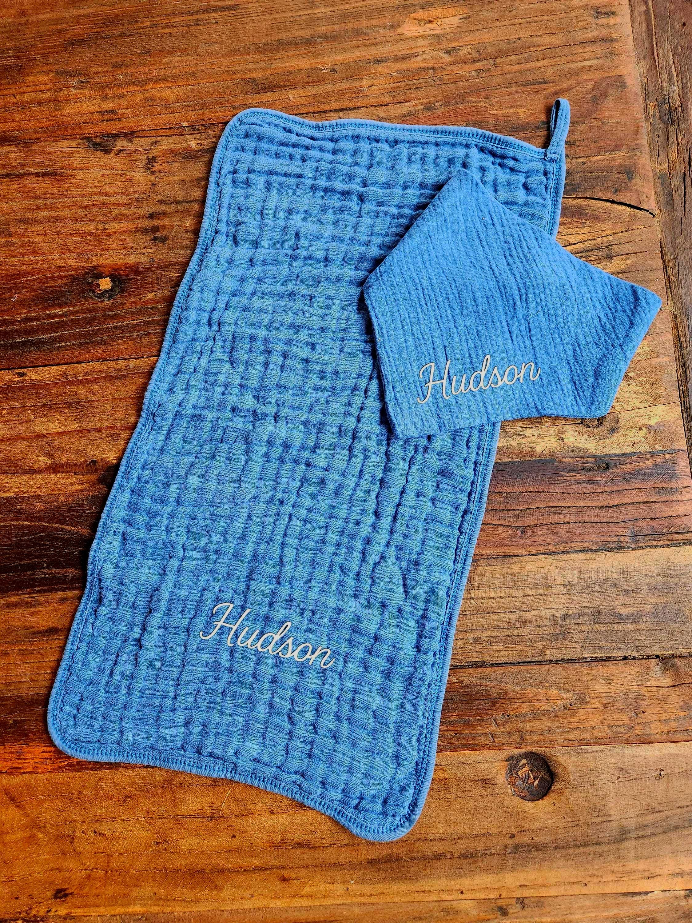 Personalized Muslin Embroidered Bandana Bib, & Burp Cloth | Custom Name or Initials
