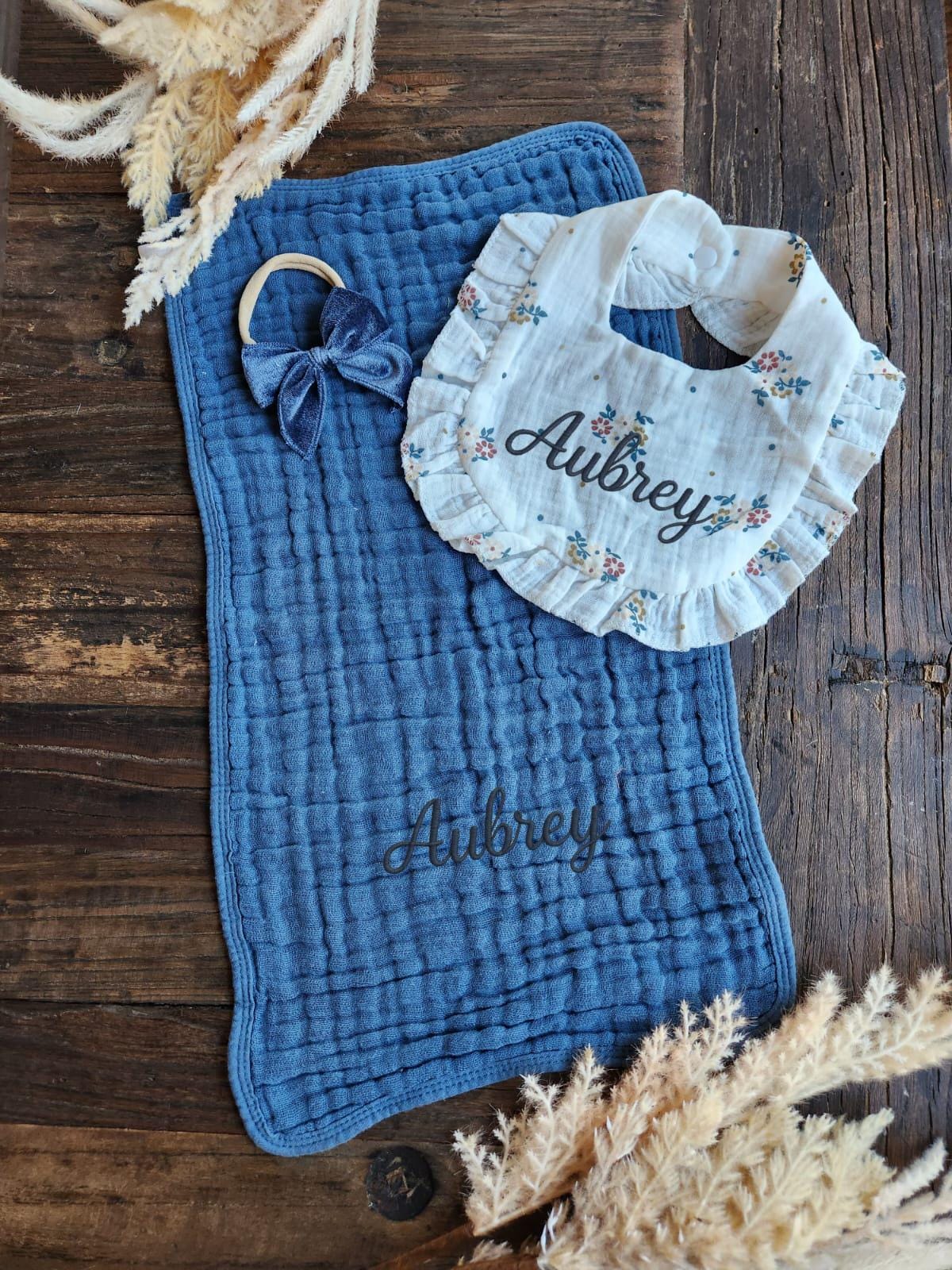 Personalized Muslin Embroidered Bib, & Burp Cloth + Velvet Bow | Custom Name or Initials