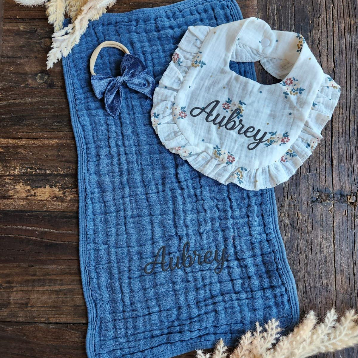 Personalized Muslin Embroidered Bib, & Burp Cloth + Velvet Bow | Custom Name or Initials