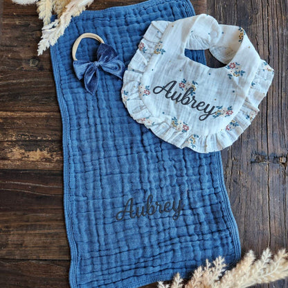 Baby Girl Muslin Bib, & Burp Cloth + Velvet Bow | Custom Name or Initials Embroidered