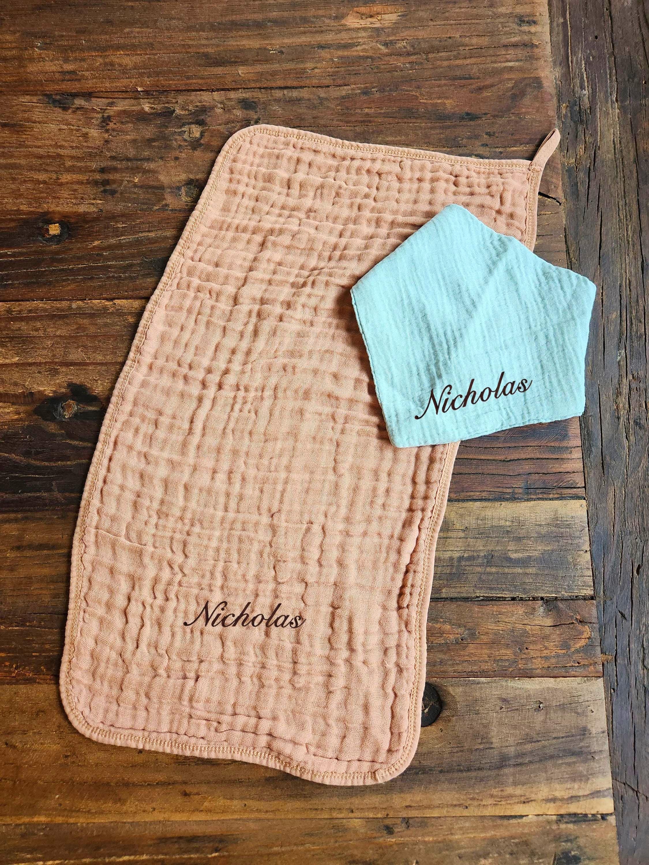 Personalized Muslin Embroidered Bandana Bib, & Burp Cloth | Custom Name or Initials