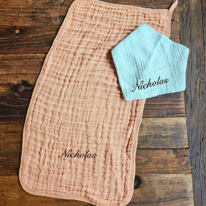 Baby Boy Muslin Bandana Bib, & Burp Cloth | Custom Name or Initials Embroidered