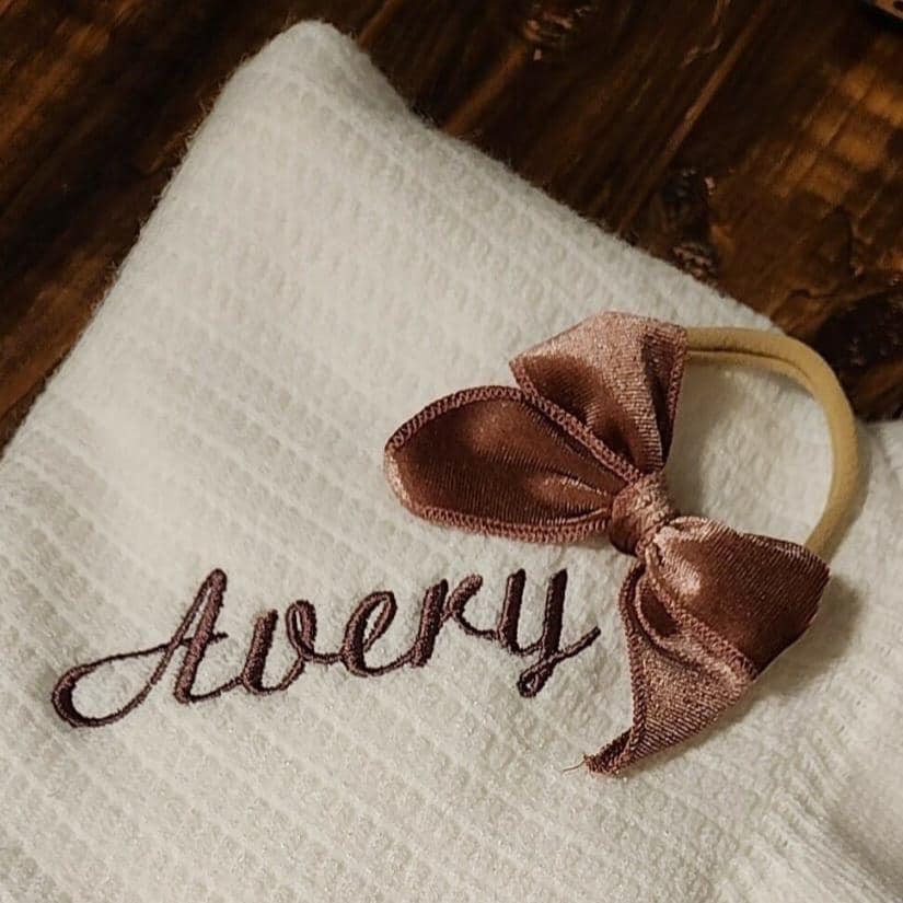 Personalized Muslin Embroidered Bib, & Burp Cloth + Velvet Bow | Custom Name or Initials