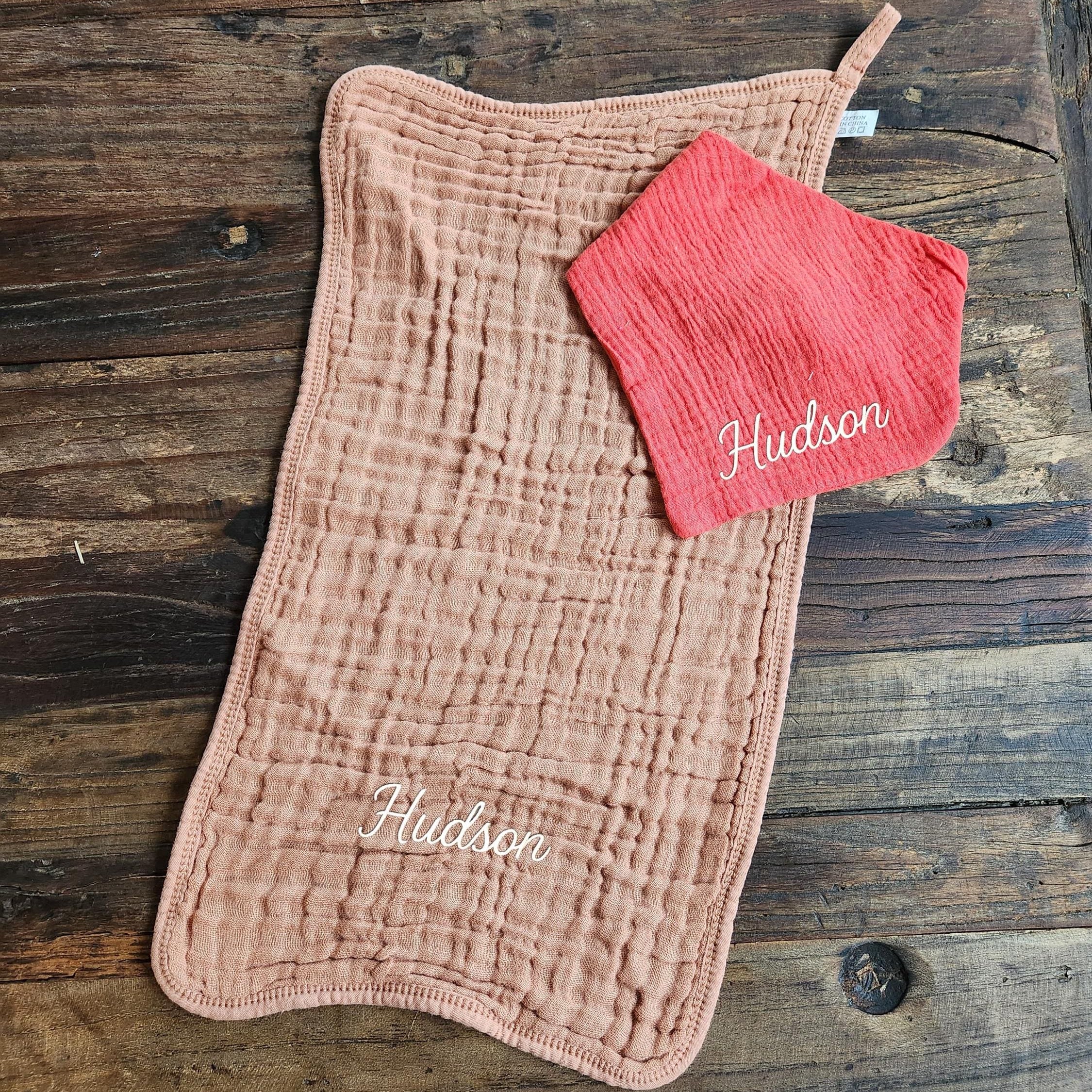 Personalized Muslin Embroidered Bandana Bib, & Burp Cloth | Custom Name or Initials