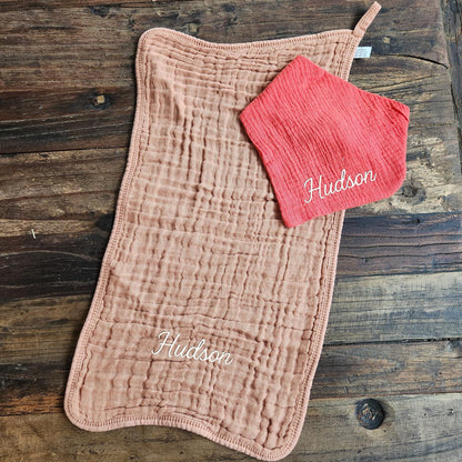 Baby Boy Muslin Bandana Bib, & Burp Cloth | Custom Name or Initials Embroidered