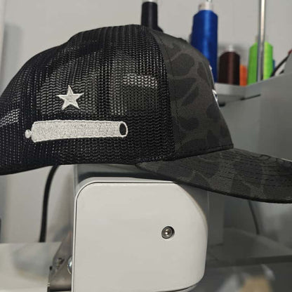 Texas Flag + Come & Take It Canon Richardson 112 Trucker Hat Black Duck Camo Print