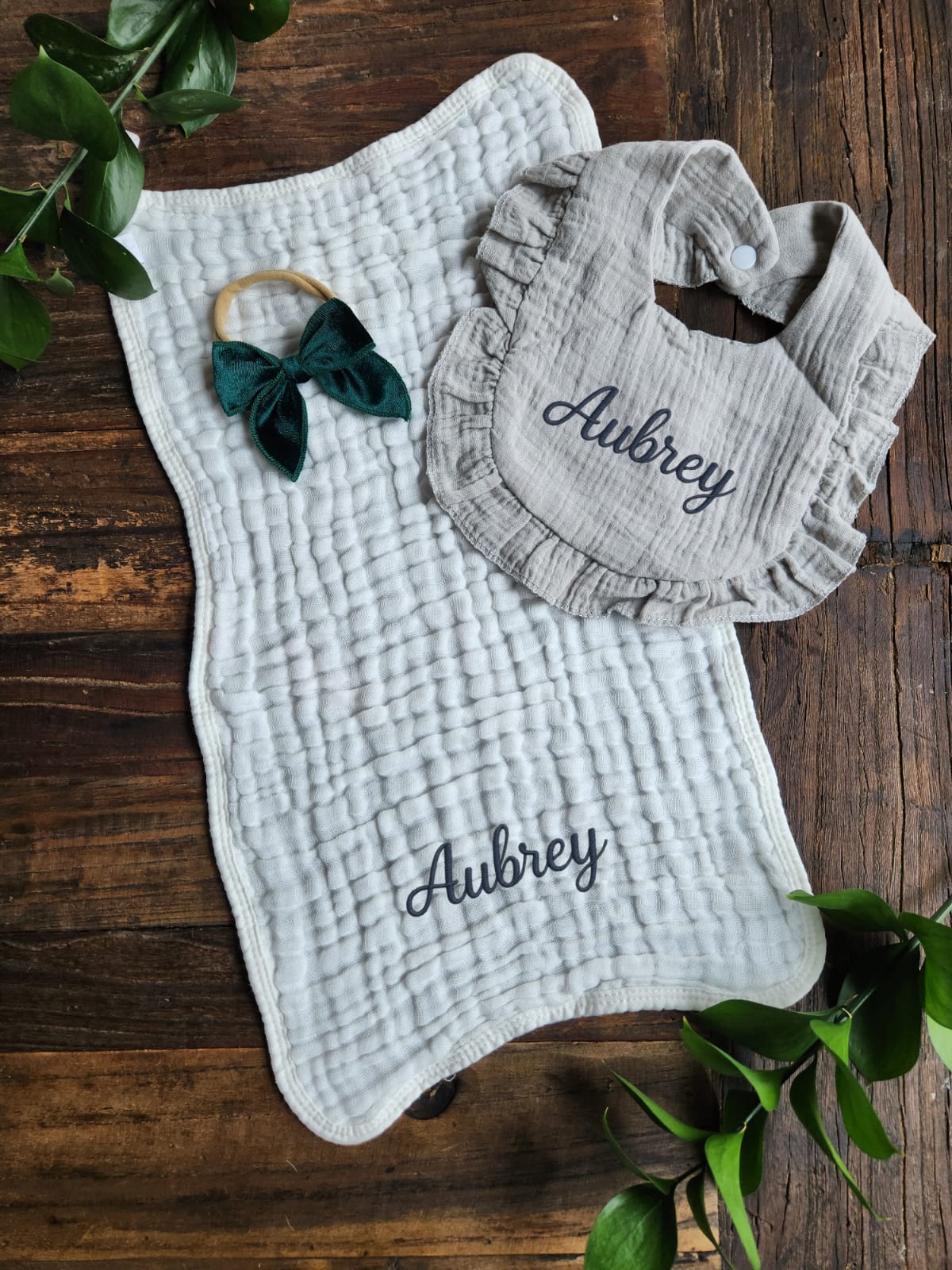 Personalized Muslin Embroidered Bib, & Burp Cloth + Velvet Bow | Custom Name or Initials