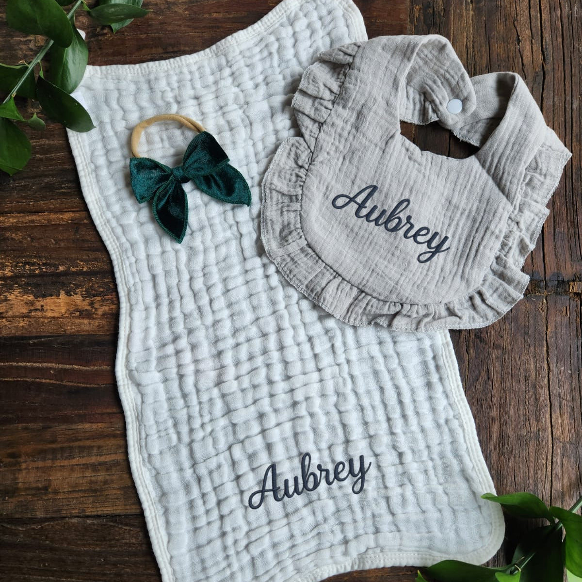 Personalized Muslin Embroidered Bib, & Burp Cloth + Velvet Bow | Custom Name or Initials