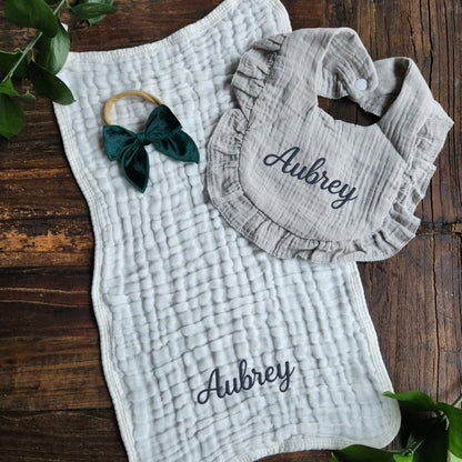Baby Girl Muslin Bib, & Burp Cloth + Velvet Bow | Custom Name or Initials Embroidered