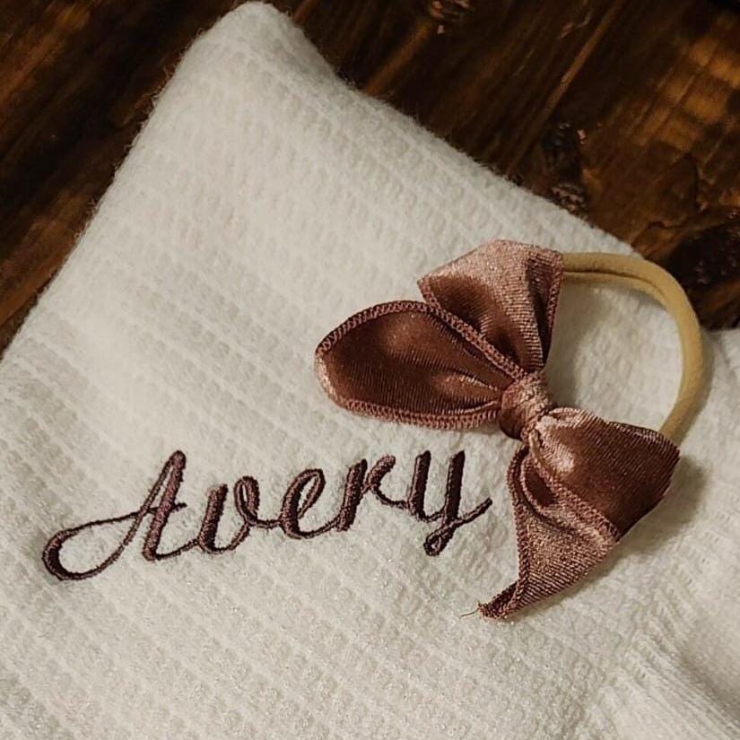 Personalized Muslin Embroidered Bib, & Burp Cloth + Velvet Bow | Custom Name or Initials