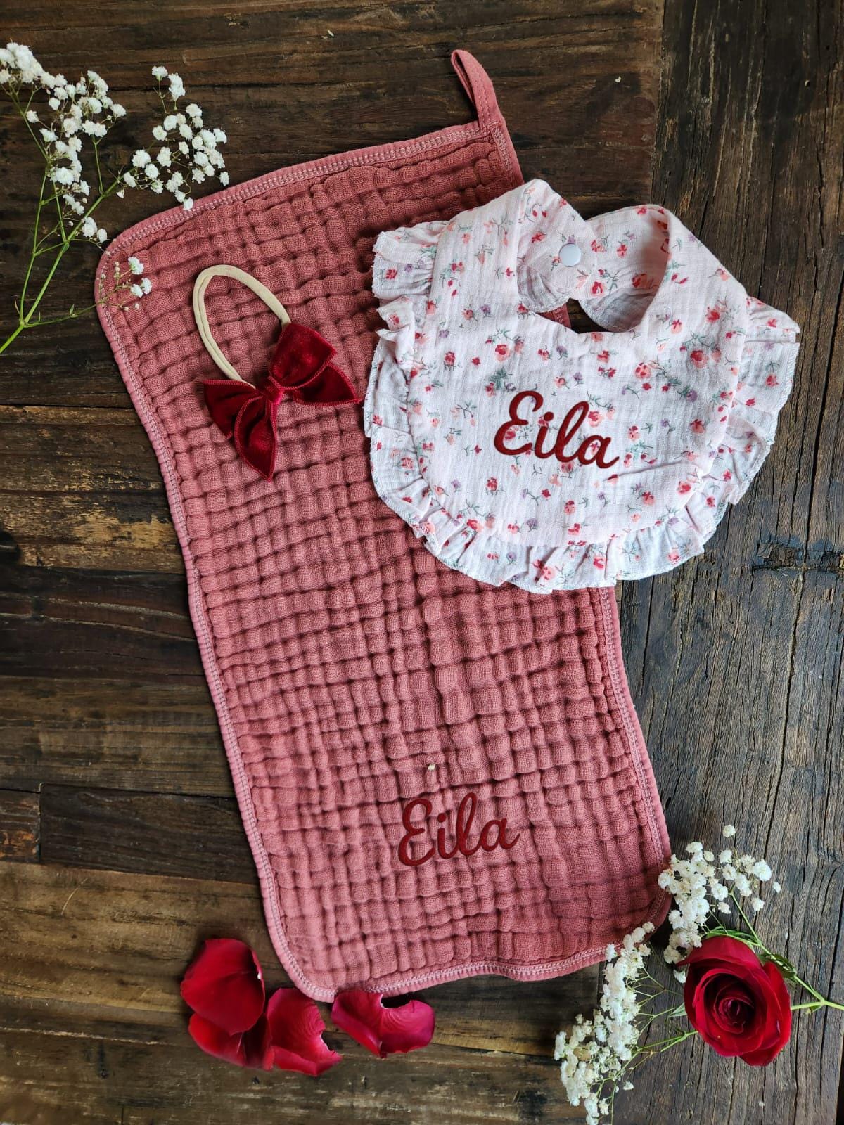 Personalized Muslin Embroidered Bib, & Burp Cloth + Velvet Bow | Custom Name or Initials