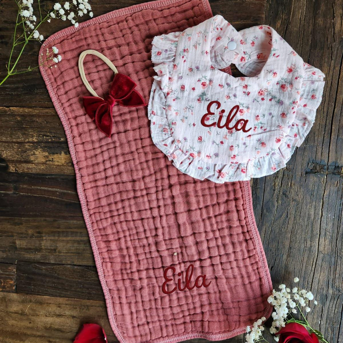 Personalized Muslin Embroidered Bib, & Burp Cloth + Velvet Bow | Custom Name or Initials
