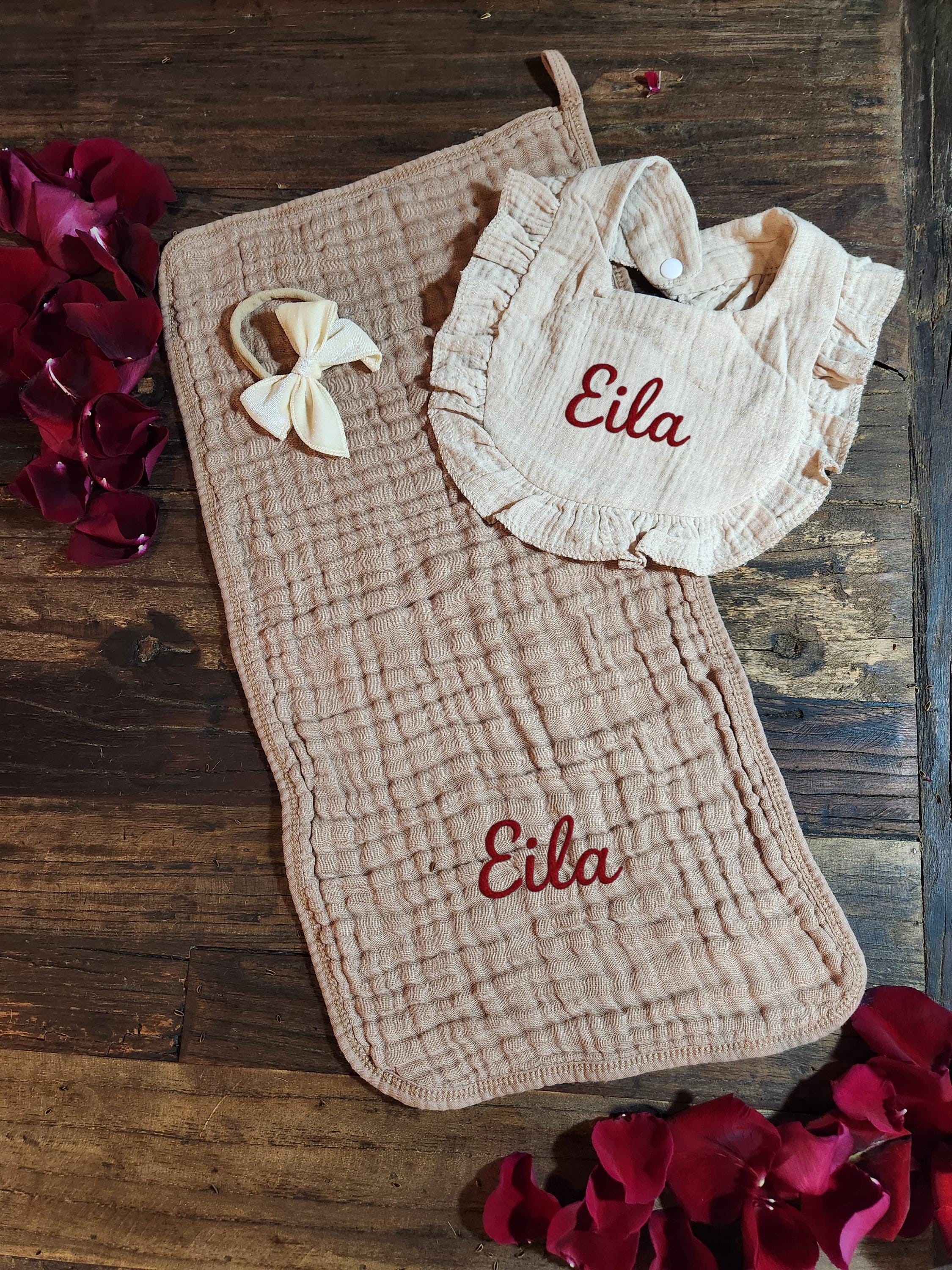 Personalized Muslin Embroidered Bib, & Burp Cloth + Velvet Bow | Custom Name or Initials
