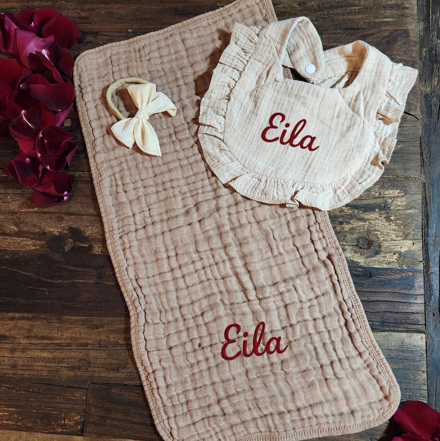 Baby Girl Muslin Bib, & Burp Cloth + Velvet Bow | Custom Name or Initials Embroidered