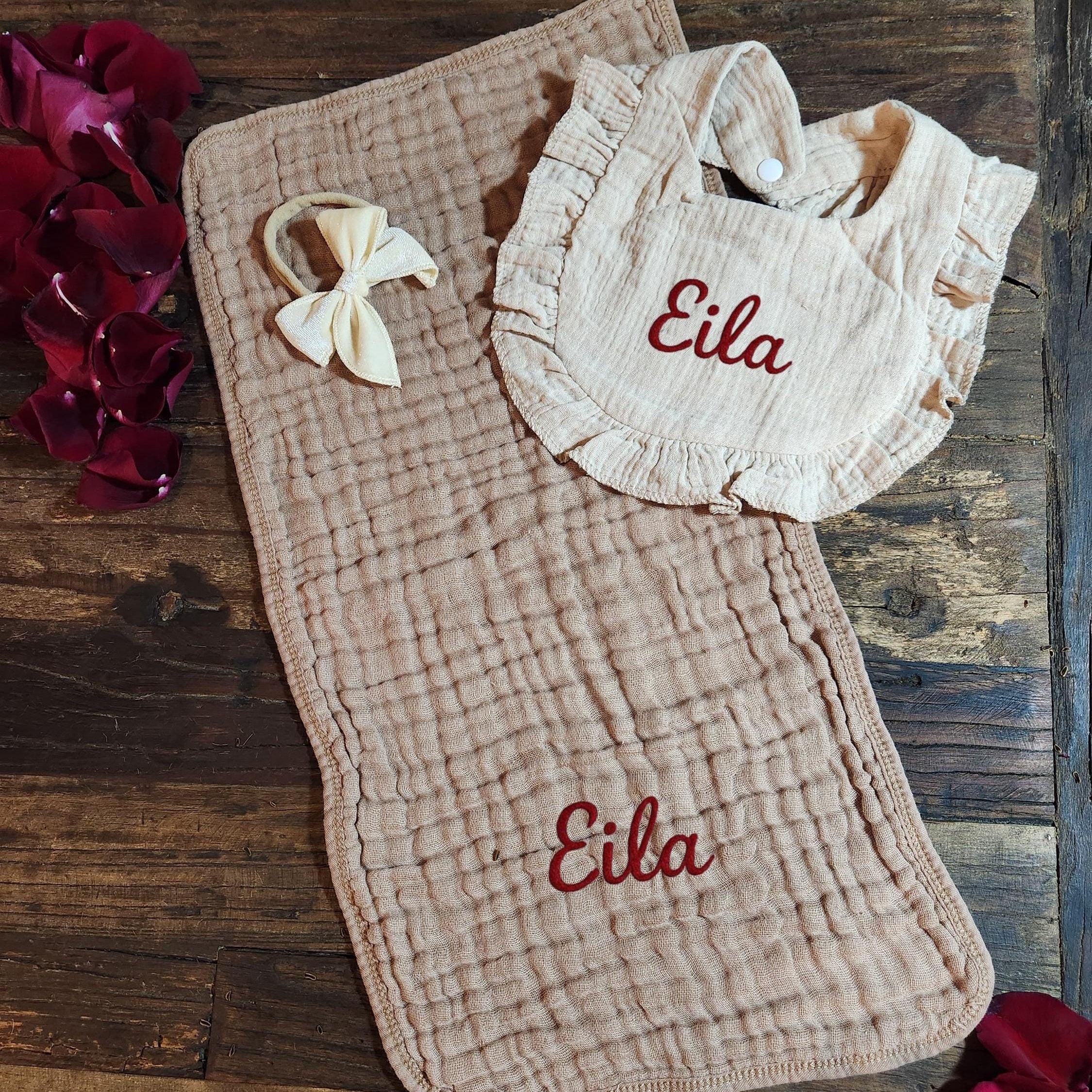Personalized Muslin Embroidered Bib, & Burp Cloth + Velvet Bow | Custom Name or Initials