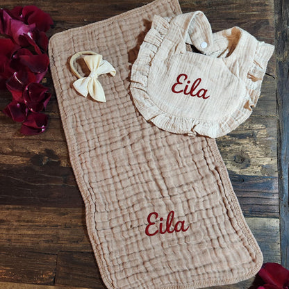 Baby Girl Muslin Bib, & Burp Cloth + Velvet Bow | Custom Name or Initials Embroidered