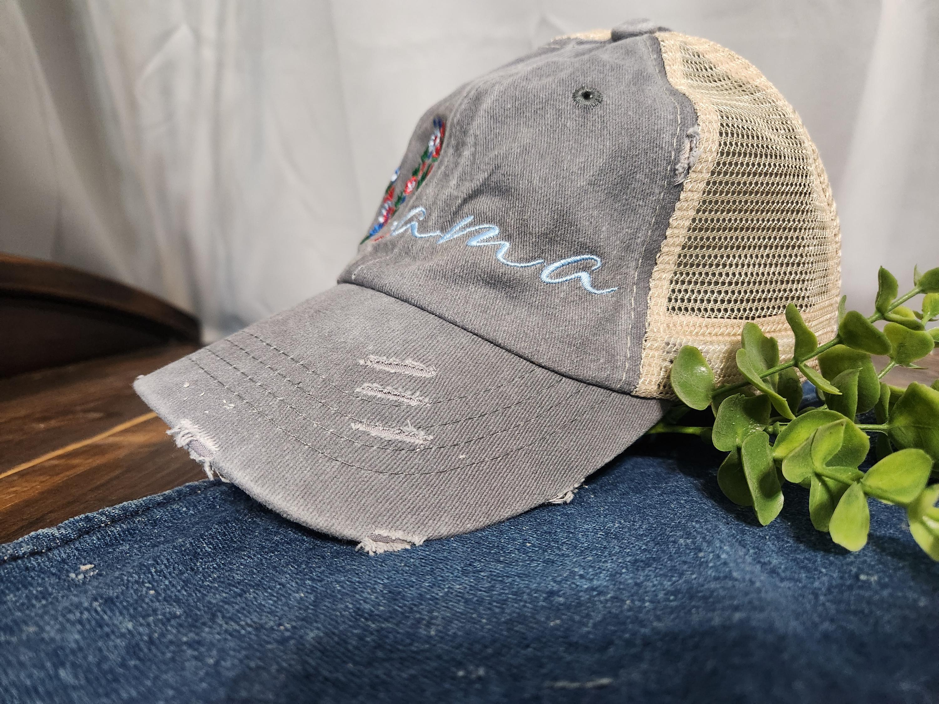 Personalized Floral Mama Hat- Embroidered Mom Hat - Women's Ponytail Hat - Cute Mom Life Hat - Gift for Her- Vintage Distressed Hat
