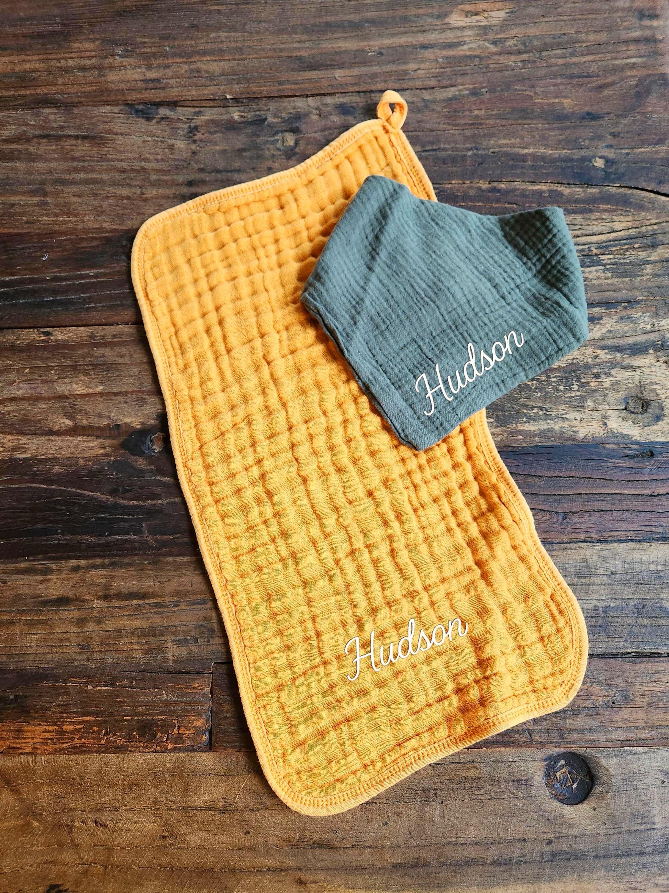 Personalized Muslin Embroidered Bandana Bib, & Burp Cloth | Custom Name or Initials